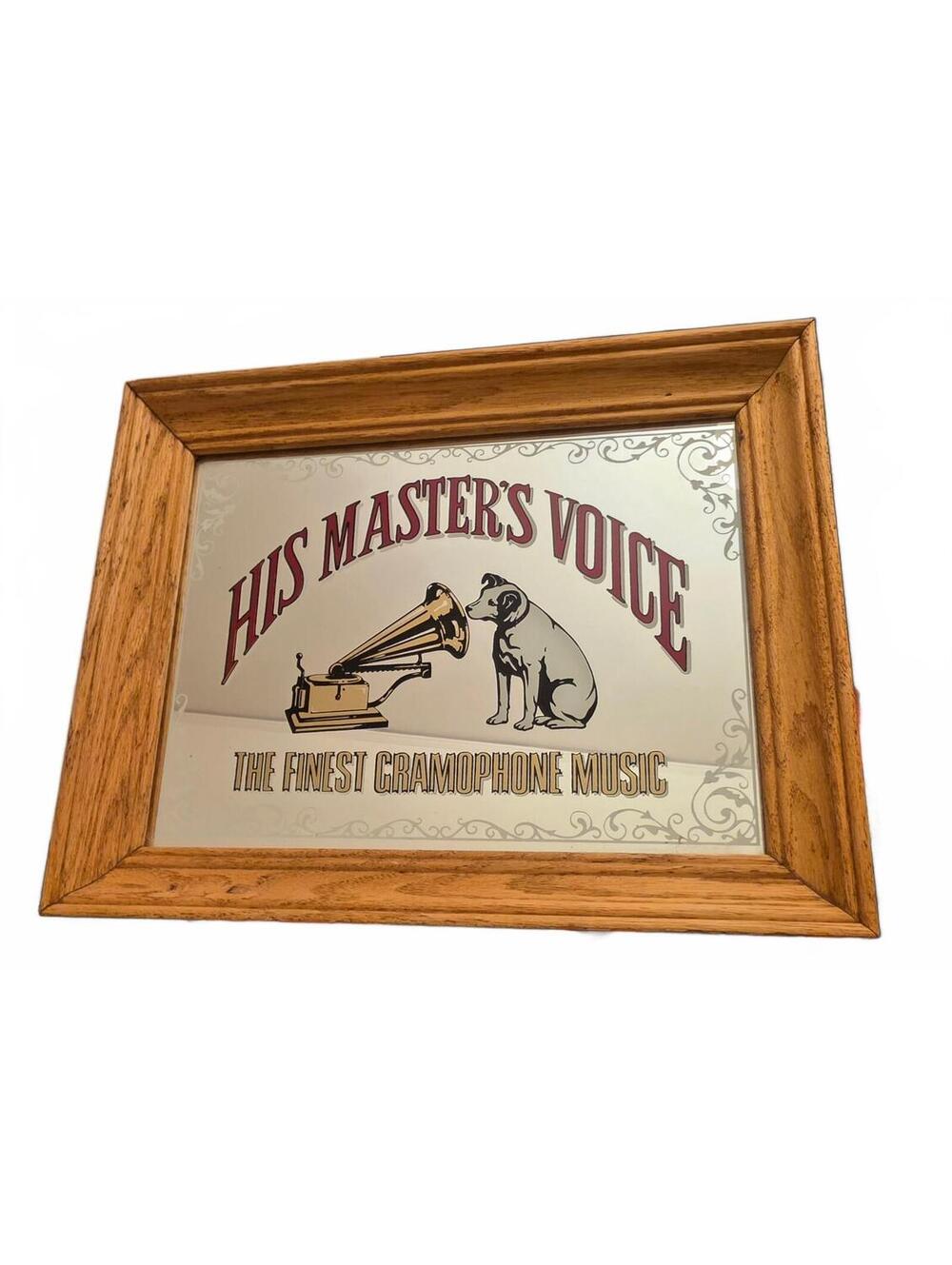 Vintage His Master's Voice Nipper Dog Gramophone Mirror Sign - 14x11